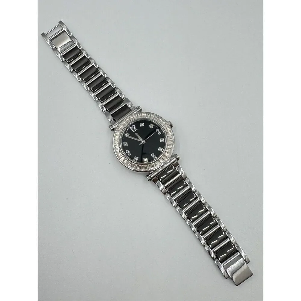 Diamonique Baguette CZ Bezel Black Stainless‎ Steel Statement Watch NEW BATTERY